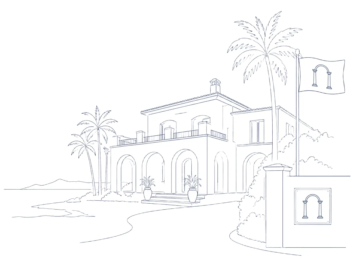 Outline illustration of a beachfront villa being marked as a First Grand branded residence