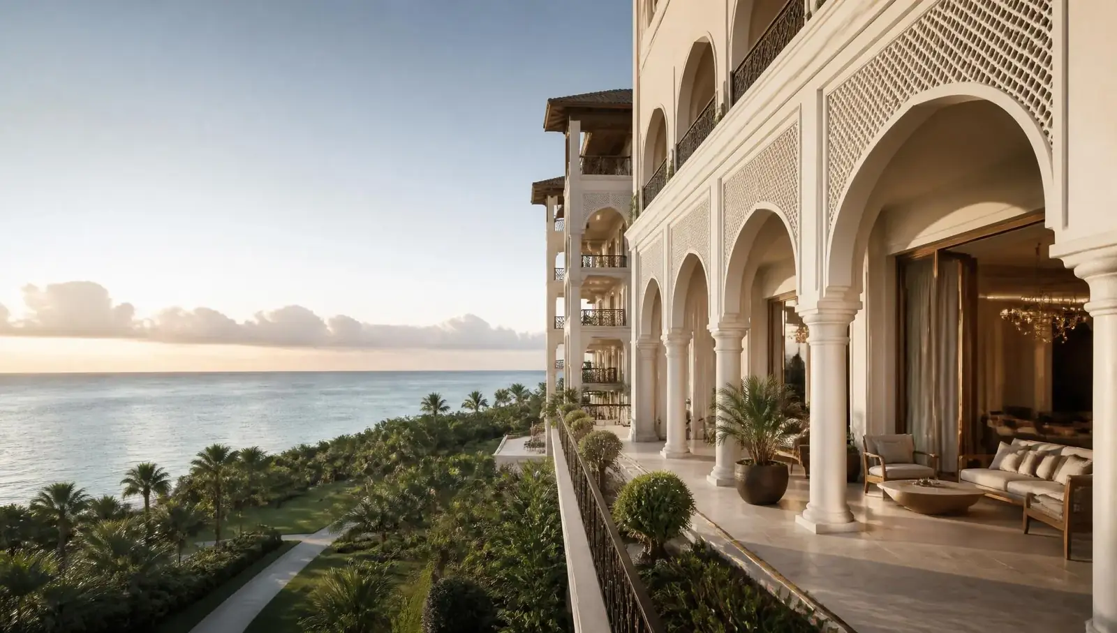 Beachfront apartment tower with grand white archways overlooking the ocean