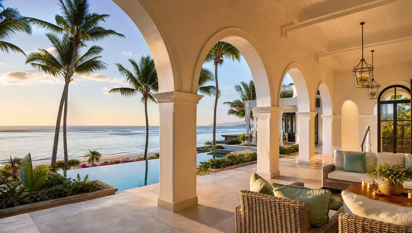 Grand white-arched luxury beachfront villa in Mauritius with studio lighting and ocean views